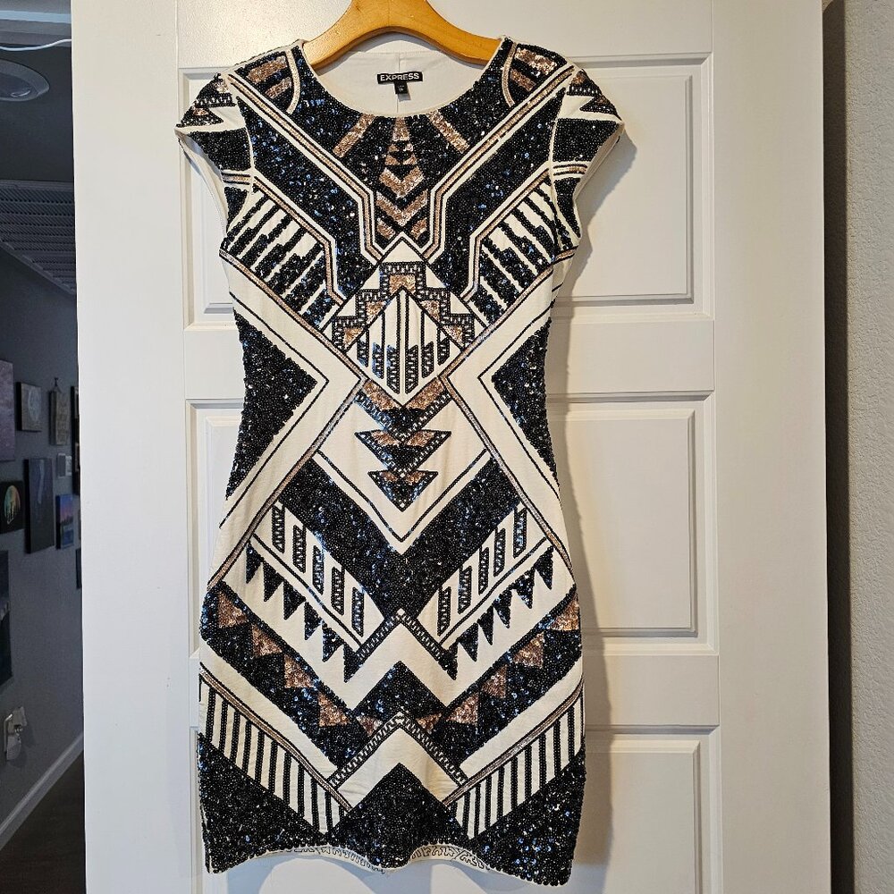 XS Express Geometric Sequin Dress - Cream Dress w/ Black and Bronze/Gold Sequins
